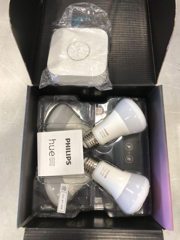 Photo 2 of ***PARTS ONLY*** Philips Hue White and Color Ambiance A19 60W Equivalent LED Smart Bulb Starter Kit (4 A19 Bulbs and 1 Hub Compatible with Amazon Alexa Apple HomeKit and Google Assistant)
