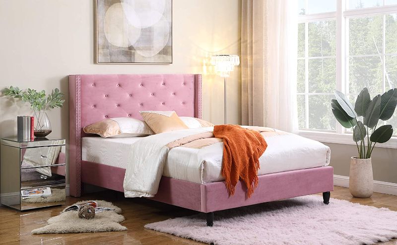 Photo 1 of **missing hardware, missing side bars, very dirty and burn spots ** Home Life Premiere Classics Velour Pink 51" Tall Headboard Slats King-Complete 5 Year Warranty 07 Platform Bed 89" L x 85" W x 51" H
