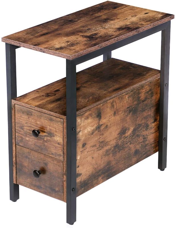 Photo 1 of HOOBRO End Table, Narrow Chairside Table with 2 Drawer and Open Storage Shelf, Nightstand for Small Spaces, Stable and Sturdy Construction, Wood Look Accent Furniture, Rustic Brown and Black BF54BZ01


//USED 