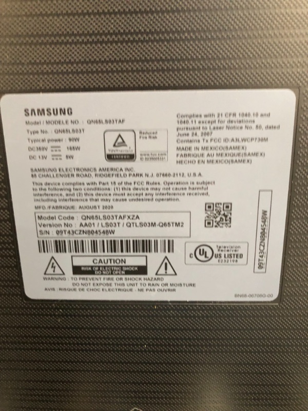 Photo 1 of SAMSUNG 65" Class Frame QLED LS03 Series - 4K UHD Dual LED Quantum HDR Smart TV with Alexa Built-in (QN65LS03TAFXZA, 2020 Model) 

//tv is majorly damaged
