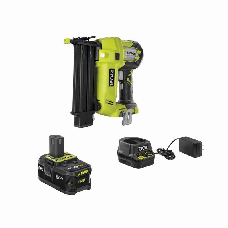 Photo 1 of RYOBI ONE+ 18V Cordless AirStrike 18-Gauge Brad Nailer with Sample Nails, (1) 4.0 Ah Battery and Charger
