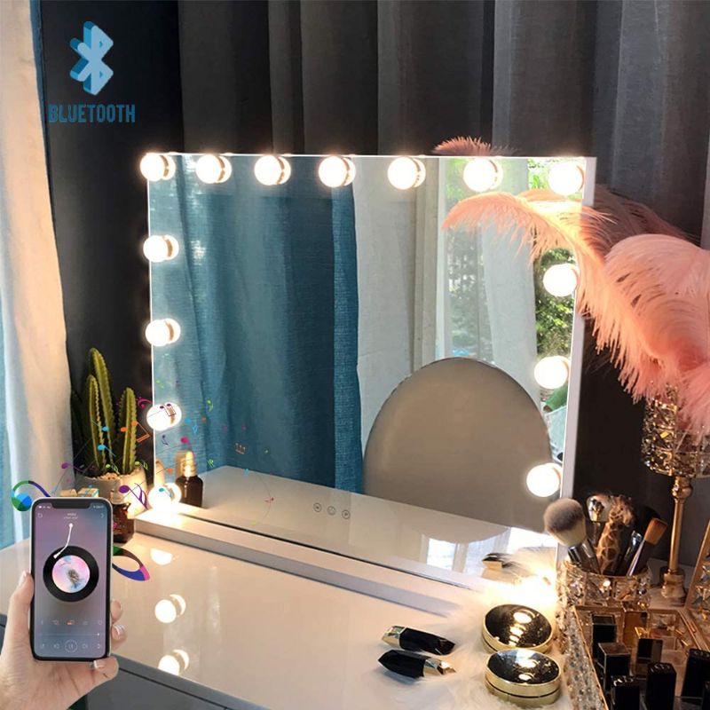 Photo 1 of FENCHILIN Large Vanity Mirror with Lights and Blutooth Speaker, Hollywood Lighted Makeup Mirror with 15 Dimmable LED Bulbs for Dressing Room & Bedroom, Tabletop or Wall-Mounted, Slim Metal Frame White
