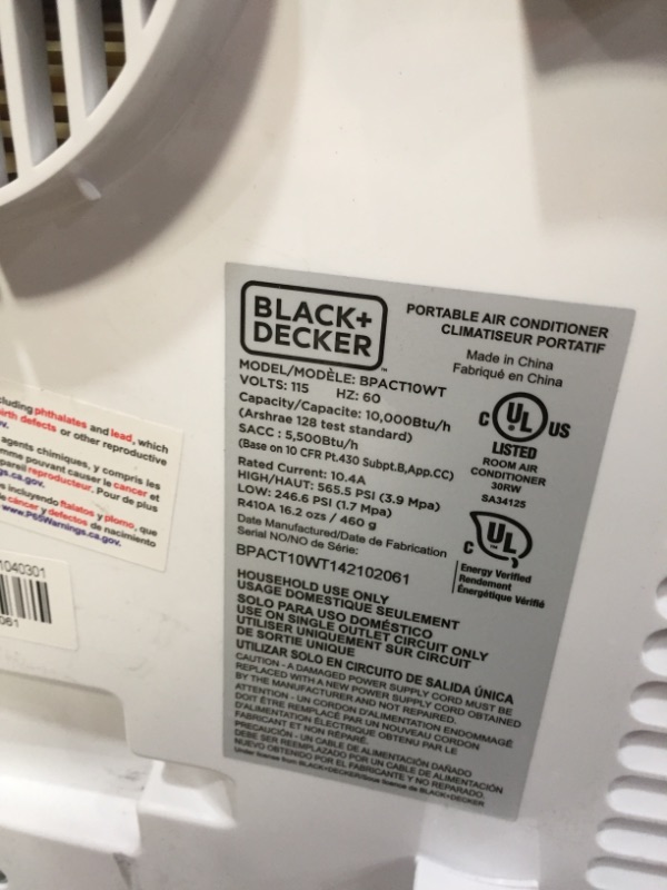 Photo 2 of BLACK+DECKER BPACT10WT Portable Air Conditioner with Remote Control, 10,000 BTU, Cools Up to 250 Square Feet, White
