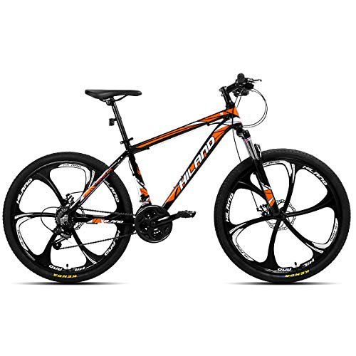 Photo 1 of Hiland 26 Inch Mountain Bike Aluminum MTB Bicycle with 17 Inch Frame Kickstand Disc-Brake Suspension Fork Cycling Urban Commuter City Bicycle 6-Spokes Black Orange
