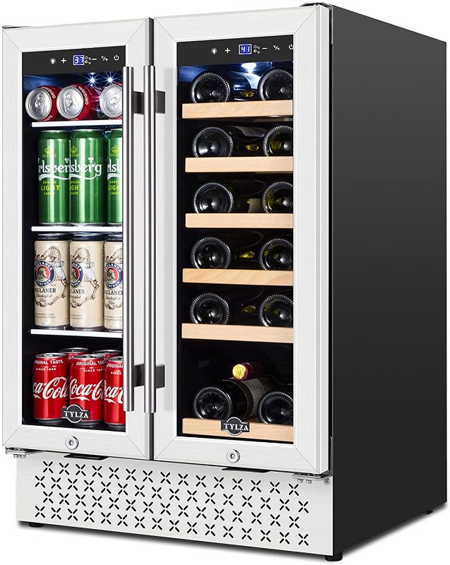 Photo 1 of TYLZA Wine and Beverage Refrigerator, 24 Inch Built-In Dual Zone Wine and Beverage Cooler, Freestanding French Door Drink Fridge, Wine Beer Cooler Under Counter Refrigerator with Memory Temperature Control
