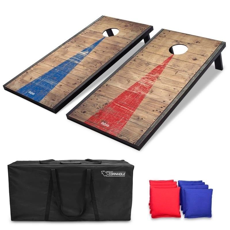 Photo 1 of BOX CUTTER DAMAGE TO BAGGoSports 4'x2' Classic Cornhole Set with Rustic Wood Finish | Includes 8 Bags, Carry Case and Rules, Red/Blue