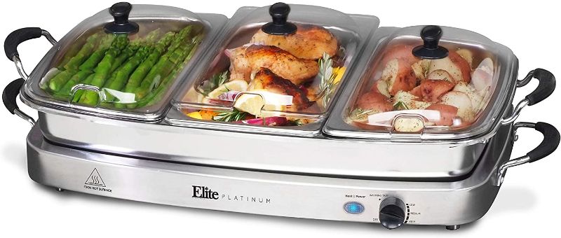 Photo 1 of Elite Gourmet Elite Platinum Maxi-Matic 7.5 Quart Triple Buffet Server, Tray, Oven-Safe Pan, Gravy & Holiday Essentials, 4, Stainless Steel
