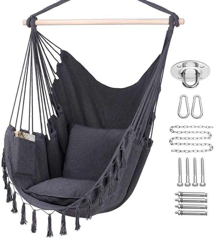 Photo 1 of *USED, MISSING HARWARE*
Y- STOP Hammock Chair Hanging Rope Swing, Max 330 Lbs, 2 Cushions Included-Large Macrame Hanging Chair with Pocket for Superior Comfort,Durability (Grey)
