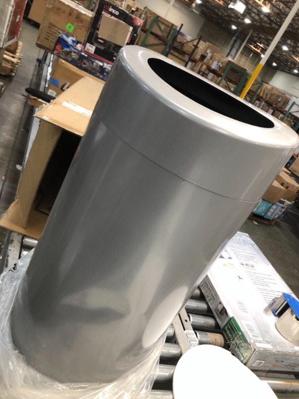 Photo 3 of **HAS ONE DENT**
Safco Products Open Top Trash Receptacle with Liner 9921SL, Silver, 14 Gallon Capacity, Hands-Free Disposal, Modern Styling
