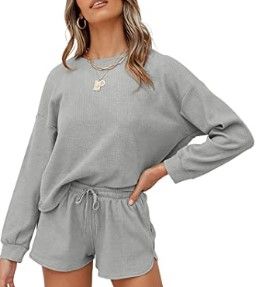 Photo 1 of  Women's Long Sleeve Pajama Set Henley Knit Tops and Shorts Sleepwear Loungewear
size medium