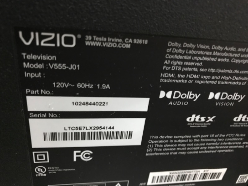 Photo 1 of **MISSING SCREWS TO ATTACH LEGS**
VIZIO 55-Inch V-Series 4K UHD LED HDR Smart TV with Apple AirPlay and Chromecast Built-in, Dolby Vision, HDR10+, HDMI 2.1, Auto Game Mode and Low Latency Gaming, V555-J01, 2021 Model
