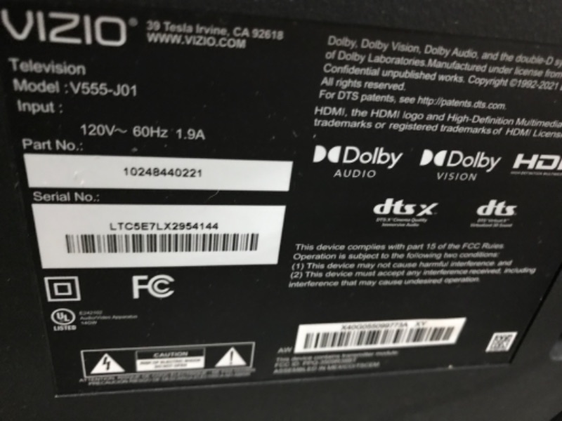 Photo 1 of **MISSING SCREWS TO ATTACH LEGS**
VIZIO 55-Inch V-Series 4K UHD LED HDR Smart TV with Apple AirPlay and Chromecast Built-in, Dolby Vision, HDR10+, HDMI 2.1, Auto Game Mode and Low Latency Gaming, V555-J01, 2021 Model

