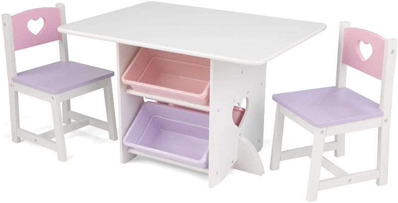 Photo 1 of **MISSING COMPONENTS** MISSING HARDWARE**
KidKraft Wooden Heart Table & Chair Set with 4 Storage Bins, Children's Furniture – Pink, Purple & White, Gift for Ages 3-8
