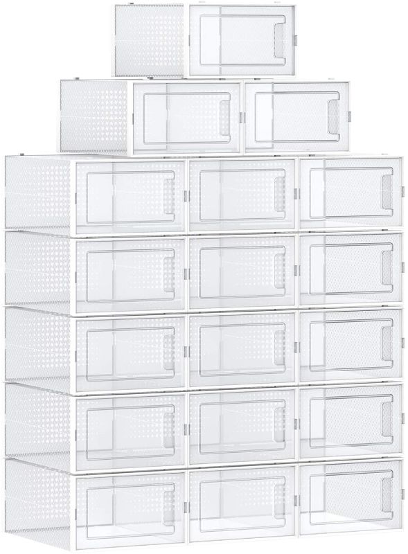 Photo 1 of *PHOTO USED FOR REFERENCE*
SONGMICS Shoe Boxes, Set of 18 Shoe Storage Organizers, Stackable and Foldable for Sneakers, Fit up to US Size 10, Transparent and White