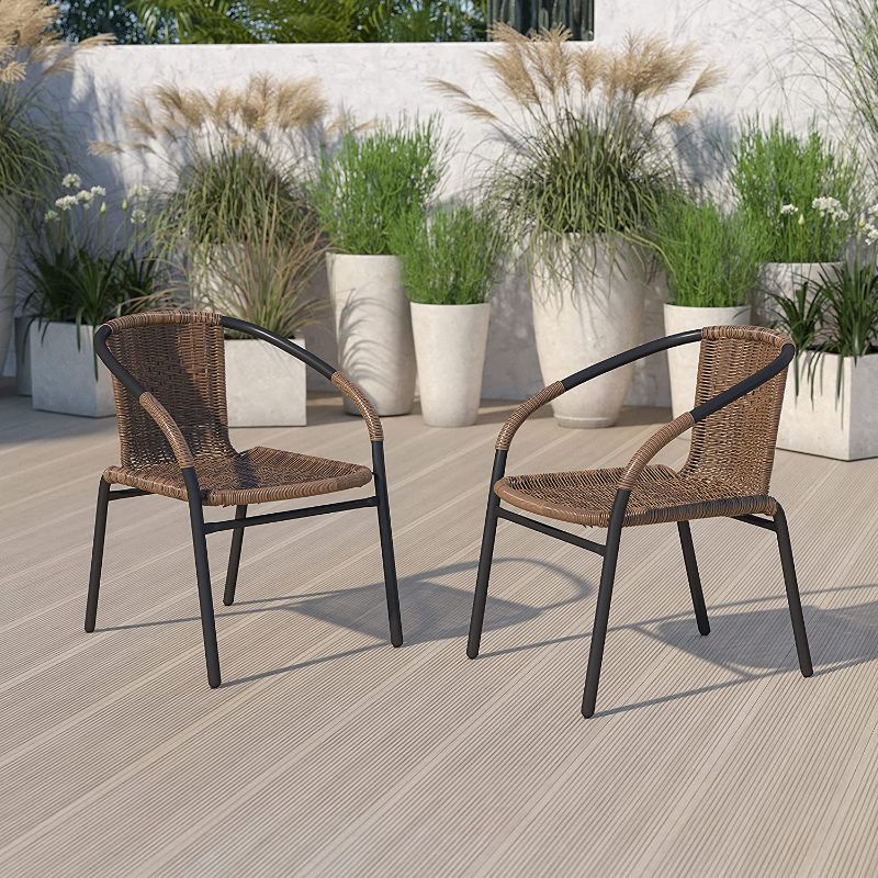 Photo 1 of *PHOTO USED FOR REFERENCE*
2 Pack Medium Brown Rattan Indoor-Outdoor Restaurant Stack Chair