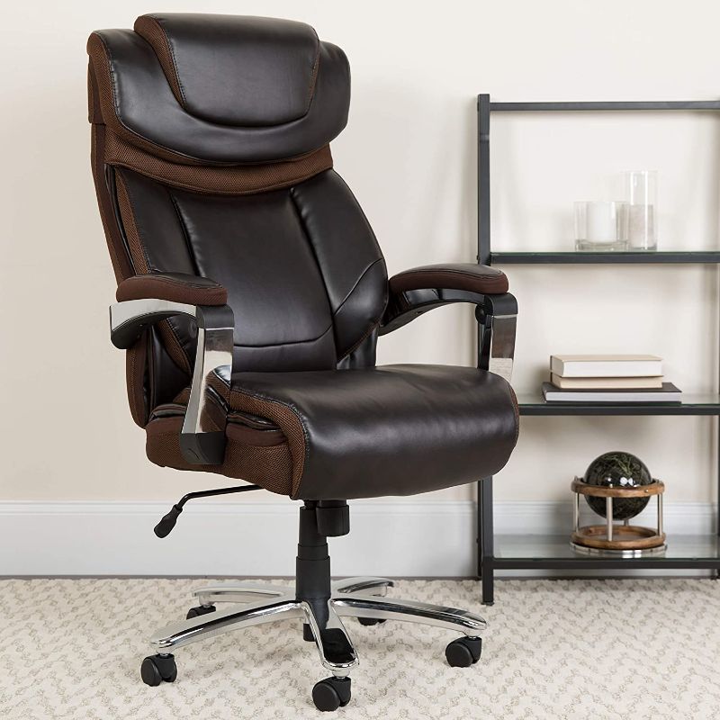 Photo 1 of Flash Furniture Big & Tall 500 Lb. Rated Brown LeatherSoft Executive Swivel Ergonomic Office Chair with Adjustable Headrest

//MINOR DAMAGE TO BACK OF CHAIR 
