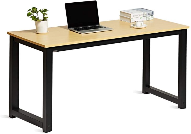 Photo 1 of DECOHOLIC Computer Desk 55” Modern Simple Large Study Writing Desk Industrial Style Laptop PC Table for Home Office, with Leg Bars, Oak Board Black Leg
