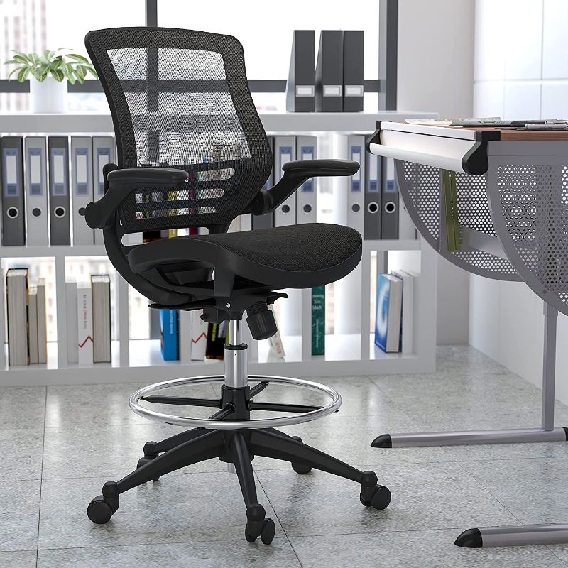 Photo 1 of Flash Furniture Mid-Back Transparent Black Mesh Drafting Chair with Black Frame and Flip-up Arms
