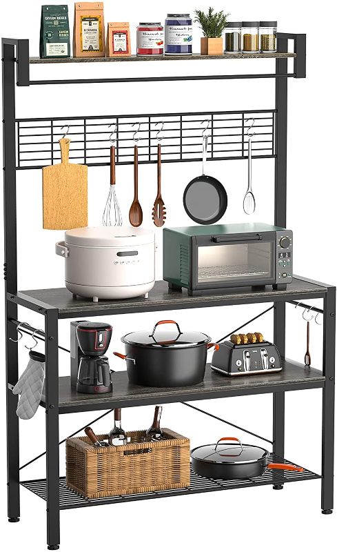 Photo 1 of Armocity Kitchen Bakers Rack with Hutch, Industrial Microwave Stand 3-Tier Utility Storage Shelf Rack, Free Standing Coffee Station with 10 Hooks, Gray Brown
