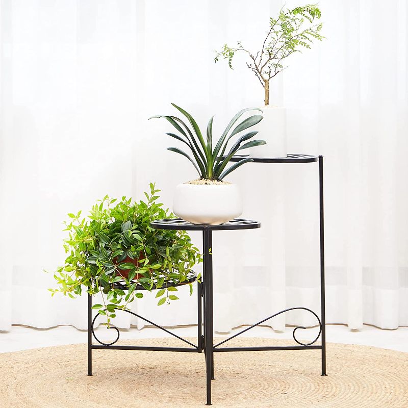 Photo 1 of 3-Tier Folding Metal Plant Stand, 23inch Corner Flower Stand Foldable Floor Classic Flower Pot Holder, Modern Plant Flower Pot Rack for Indoor or Outdoor Garden -Black