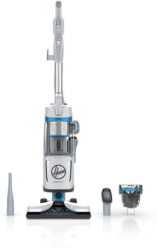 Photo 1 of Hoover React QuickLift Bagless Upright Corded Vacuum Cleaner, for Allergens and Pets, UH73301, White **POWERS ON. MISSING EXTENDABLE WAND AND ACCESSORIES. BRUSHES DONT SPIN.
