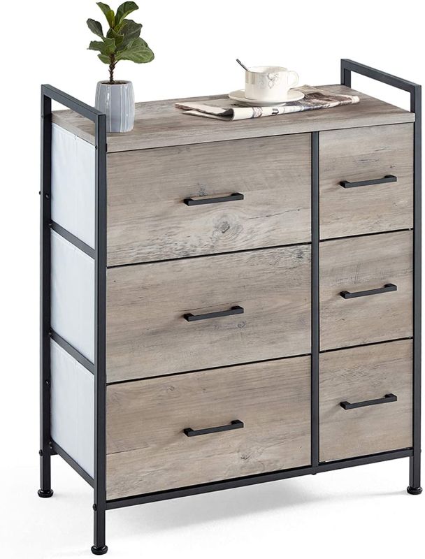 Photo 1 of 6 Drawer Dresser Wide Chest of Drawers Nightstand with Wood Top Rustic Storage Tower storage dresser Closet for Living Room, Bedroom, Hallway, Nursery, Kid
