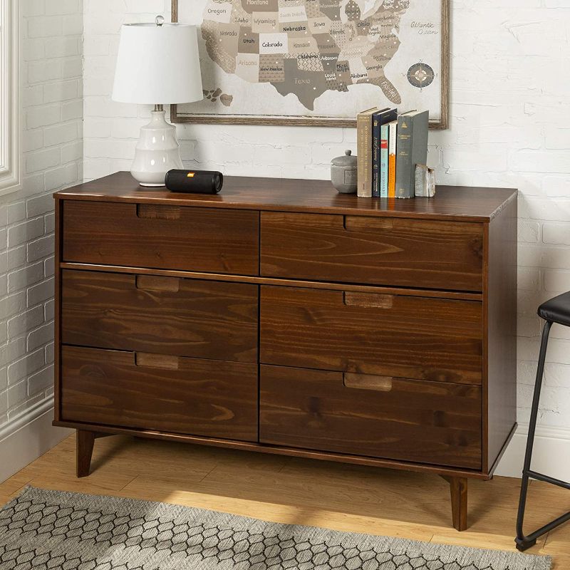 Photo 1 of Walker Edison Mid Century Modern Grooved Handle Wood Dresser Bedroom Storage Drawer Organizer Closet Hallway, 6 Drawer, Walnut
