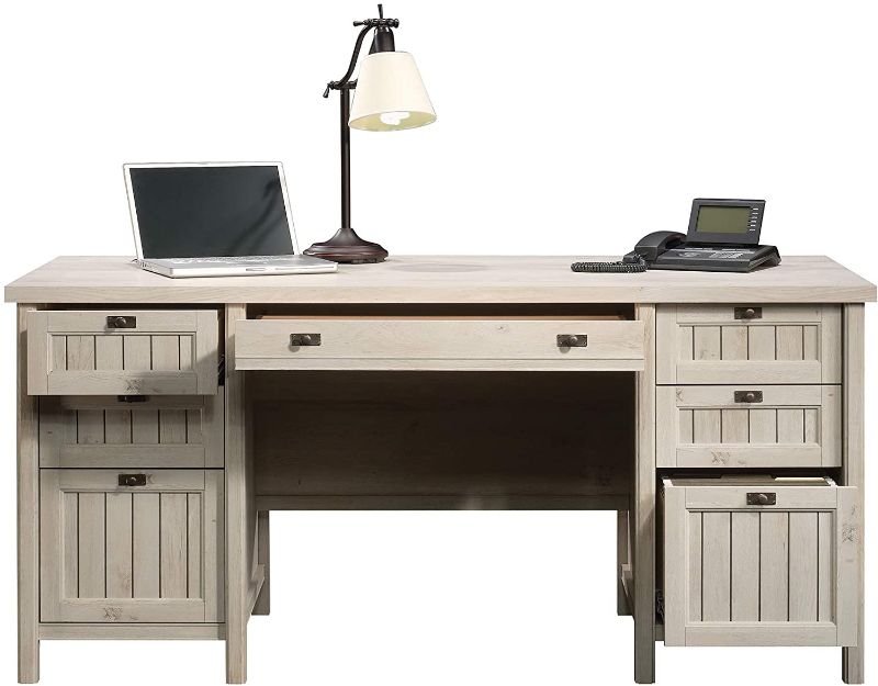 Photo 1 of **box b/ incomplete**Sauder Costa Executive Desk, L: 65.12" x W: 29.53" x H: 30.0", Chalked Chestnut finish
