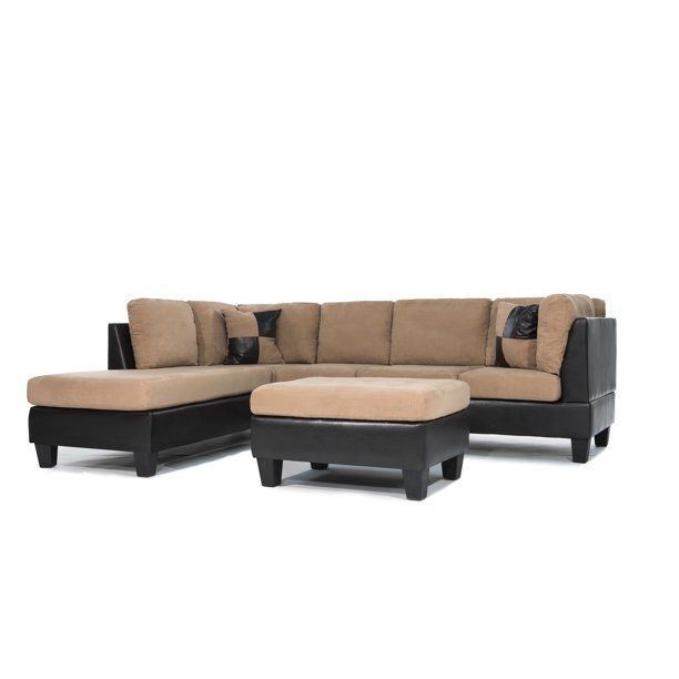 Photo 1 of **BOX 3 OF 4** 3 Piece Modern Soft Reversible Microfiber and Faux Leather Sectional Sofa with Ottoman, BEIGE
