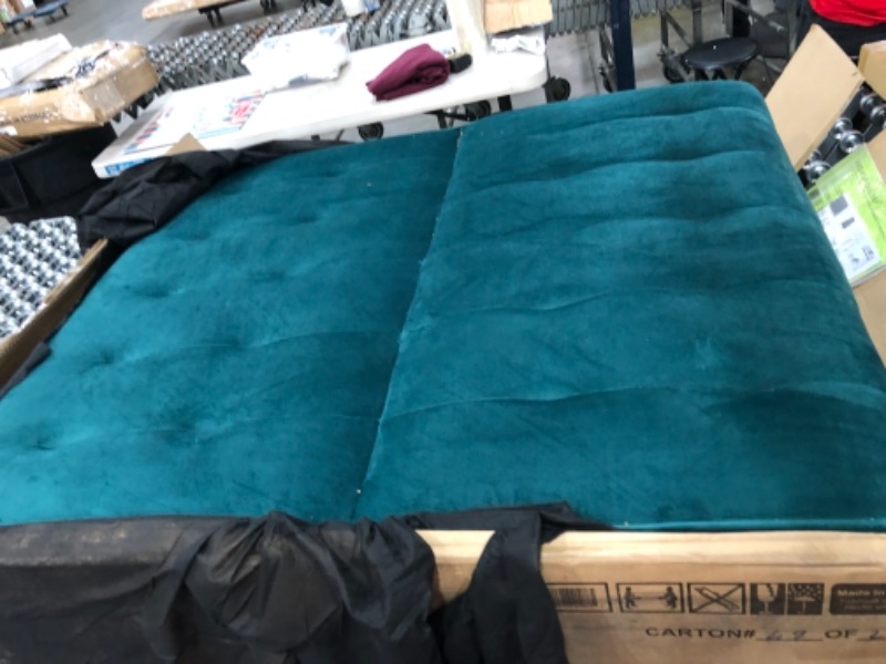 Photo 2 of **MISSING HARDWARE **DHP Emily Convertible Tufted Futon Sofa, Green Velvet ***HAS TEAR ON THE CORNERS**
