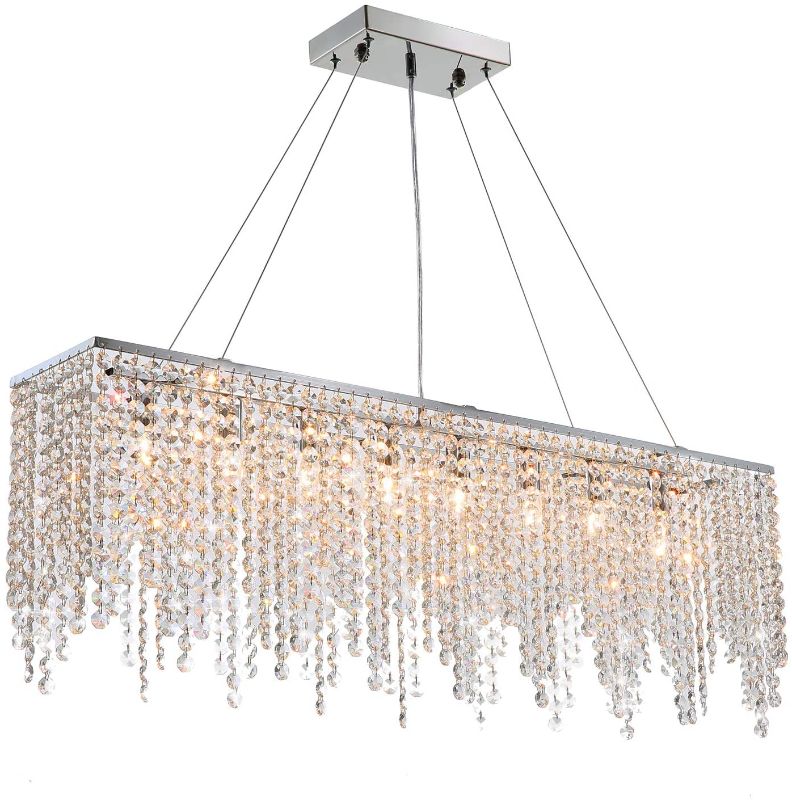 Photo 1 of 7PM Rectangular Chandelier Modern Crystal Pendant Light Chrome Hanging Lighting Fixture for Dining Room Kitchen Island Length 40"
