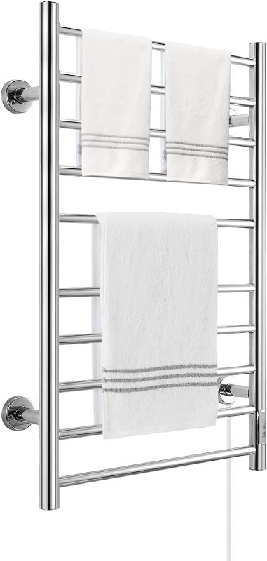 Photo 1 of **DAMAGED**
KEY TEK Heated Towel Warmer for Bathroom, Wall Mounted Hot Towel Racks with Timer, Stainless Steel Heated Towel Drying Rack, Plug-in/Hardwired… (Silver, 10bars)
