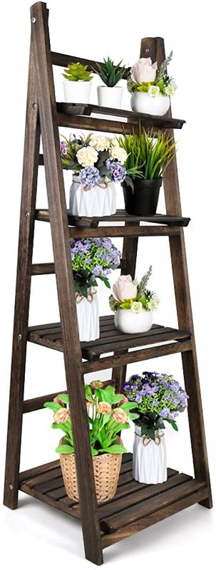 Photo 1 of Amoy Foldable Indoor Plant Stand – Outdoor Plant Ladder Plant Shelf Flower Pot Holder with Shelves 4 Tier Folding Stand Flower Pot Ladder Display Shelf Patio Rustic Wood Stand Free Standing
