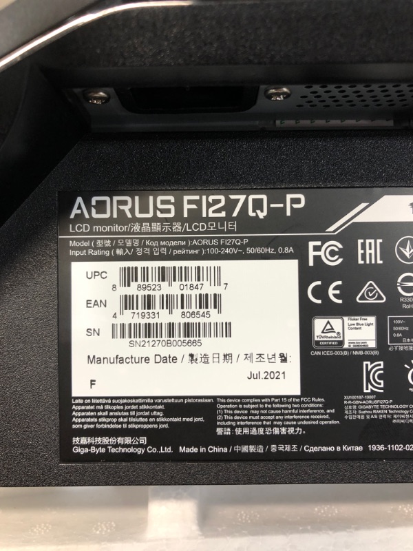 Photo 5 of AORUS FI27Q-P 27" 165Hz 1440P HBR3 NVIDIA G-SYNC Compatible IPS Gaming Monitor, Built-in ANC, 2k Display, 1 ms Response Time, HDR, 95% DCI-P3, 1x Display Port 1.4, 2x HDMI 2.0, 2x USB 3.0
