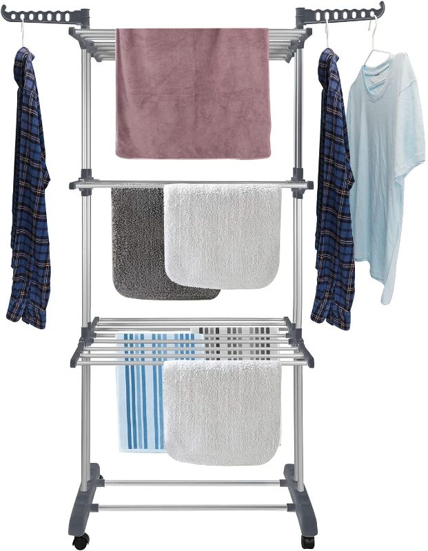 Photo 1 of Bigzzia Clothes Drying Rack Folding Clothes Rail 3 Tier Clothes Horses Rack Stainless Steel Laundry Garment Dryer Stand with Two Side Wings Grey
