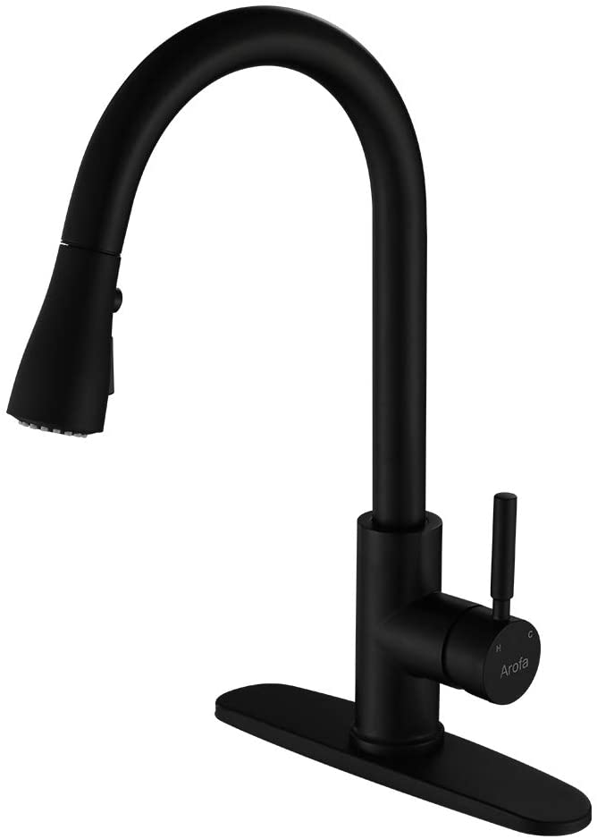 Photo 1 of 
Pull Down Kitchen Sink Faucet -Arofa A02BY Contemporary Matte Black Single Handle Gooseneck Stainless Steel Pull Out Kitchen Faucet with Sprayer
Color:Matte Black