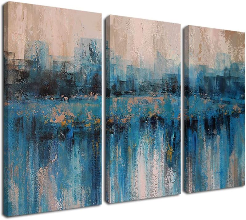 Photo 1 of Arjun Grey Blue Abstract Canvas Wall Art Cityscape Painting Gold Foil Textured Artwork Prints Large Size Framed Pictures for Living Room Bedroom Home Office Kitchen Wall Decor 16"x32 inches "x3 Panels
