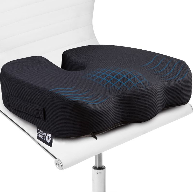 Photo 1 of Seat Cushion Pillow for Office Chair - 100% Memory Foam Firm Coccyx Pad - Tailbone, Sciatica, Lower Back Pain Relief - Contoured Posture Corrector for Car, Wheelchair, Computer and Desk Chair