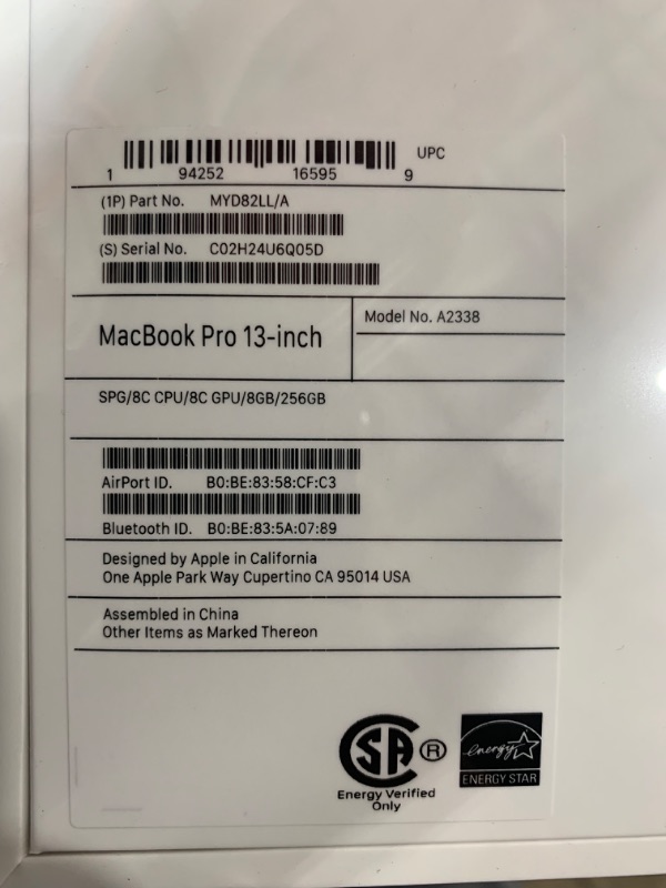 Photo 6 of 2020 Apple MacBook Pro with Apple M1 Chip (13-inch, 8GB RAM, 256GB SSD Storage) - Space Gray....****FACTORY SEALED/STRAPPED****
Item was Open to Verify Contents