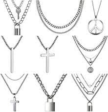 Photo 1 of 9Pcs Men Chain Necklace Love Peace Planet Cross Lock Key Layered Pendants