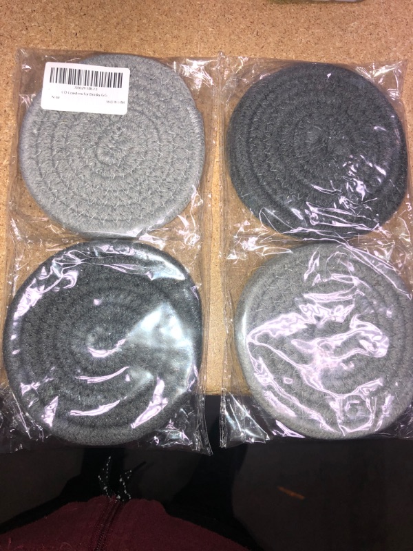 Photo 1 of 2 SET OF- Coasters Set, Pure Cotton Thread Weave Round Drink Hot Pads Mats Coasters Set of 4 by 4.3 Inches Protect Furniture from Excess Condensation & Scratch (Grey)