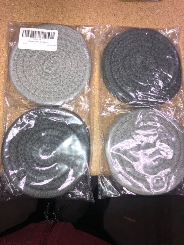 Photo 1 of 2 SET OF- Coasters Set, Pure Cotton Thread Weave Round Drink Hot Pads Mats Coasters Set of 4 by 4.3 Inches Protect Furniture from Excess Condensation & Scratch (Grey)