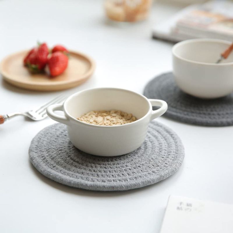 Photo 1 of 2 SET OF- Coasters Set, Pure Cotton Thread Weave Round Drink Hot Pads Mats Coasters Set of 4 by 4.3 Inches Protect Furniture from Excess Condensation & Scratch (Grey)