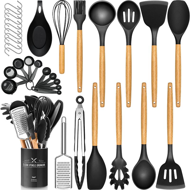 Photo 1 of 34 PCS Silicone Cooking Utensils Set, Kitchen Utensils Spatula Set with Holder, Wooden Handles Heat Resistant & BPA Free & Non-Toxic - Best Kitchen Gadgets Gifts for Cookware(Black)
