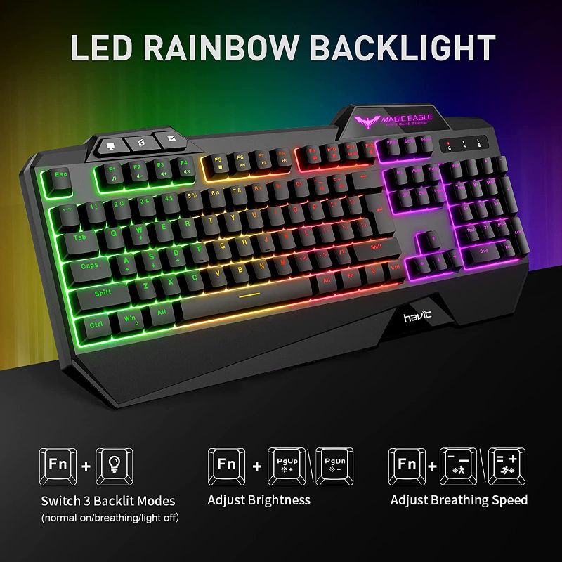 Photo 1 of havit Wired Gaming Keyboard Mouse Combo LED Rainbow Backlit Gaming Keyboard RGB Gaming Mouse Ergonomic Wrist Rest 104 Keys Keyboard Mouse 4800 DPI for Windows & Mac PC Gamers (Black)
