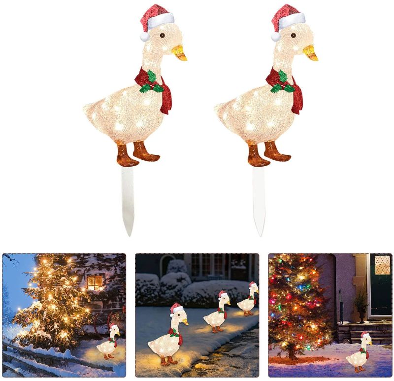 Photo 1 of 2 PACKAGES Light-Up Duck with Christmas Scarf Garden Patio Outdoor Rooster and Duck 2D Acrylic Plane Stake Sign Holiday Christmas Decoration (DCUK-Large&small-2pcs)¡­
