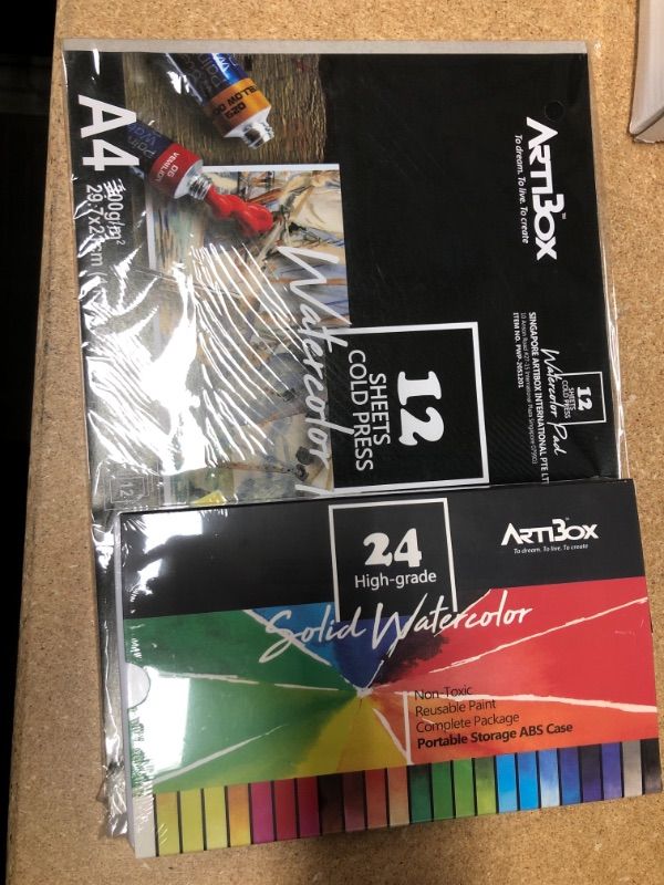 Photo 2 of 24 Watercolor Paint Set by Artibox - 2 Water Squeeze Brushes - 12 Watercolor Paper Sheet - Half Pans Colors - Art Supplies
