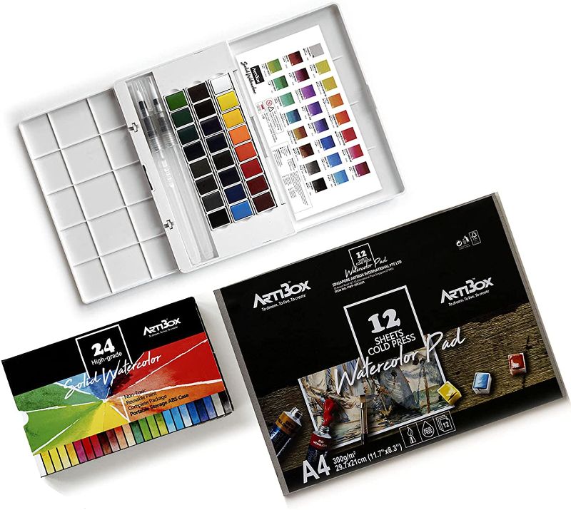 Photo 1 of 24 Watercolor Paint Set by Artibox - 2 Water Squeeze Brushes - 12 Watercolor Paper Sheet - Half Pans Colors - Art Supplies
