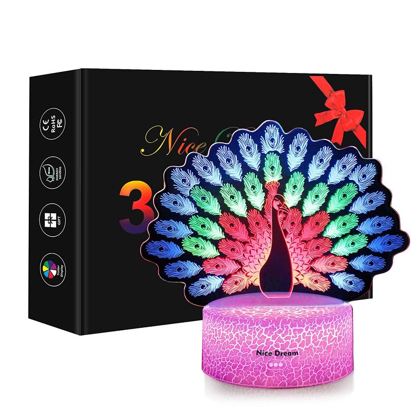 Photo 1 of Peacock Night Light for Kids, 3D Optical Illusion Lamp, Colorful Night Lamp with Touch, Birthday Christmas Gifts for Children and Adult
