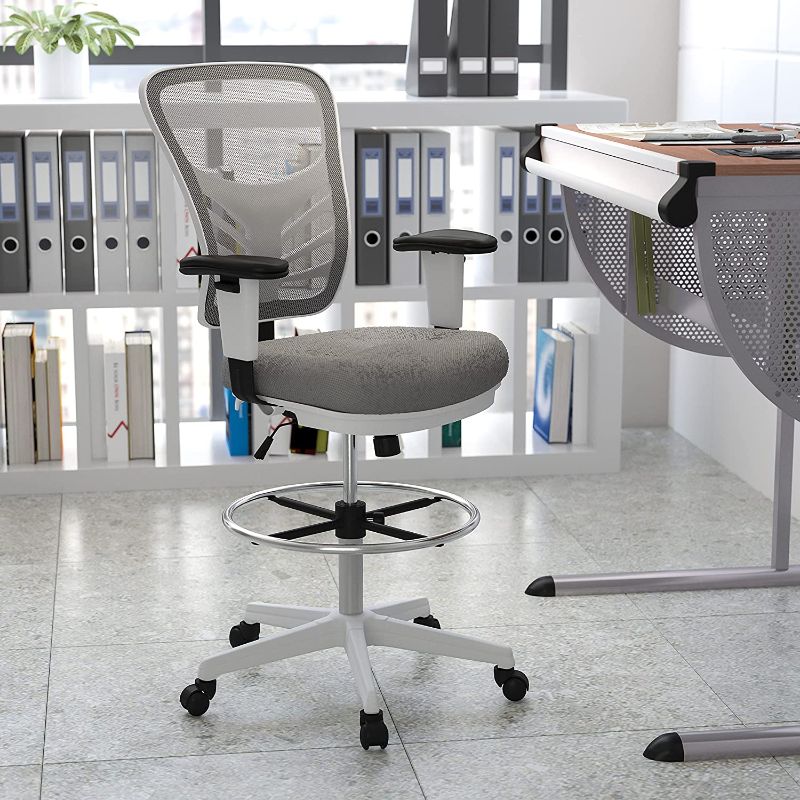 Photo 1 of Flash Furniture Mid-Back Light Gray Mesh Ergonomic Drafting Chair with Adjustable Chrome Foot Ring, Adjustable Arms and White Frame
